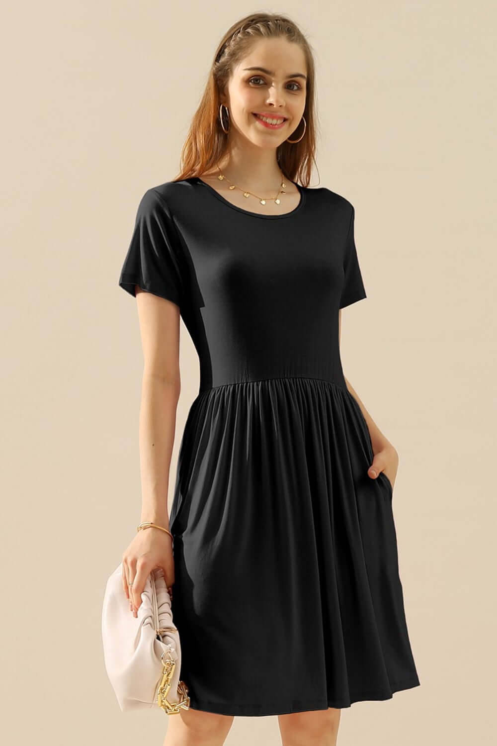 NINEXIS Full Size Round Neck Ruched Dress with Pockets at Bella Road