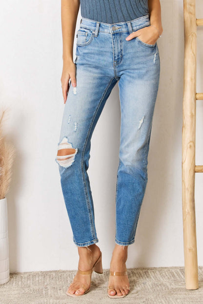 High Rise Distressed Slim Straight Jeans with Classic Regular Hem and Flattering Silhouette