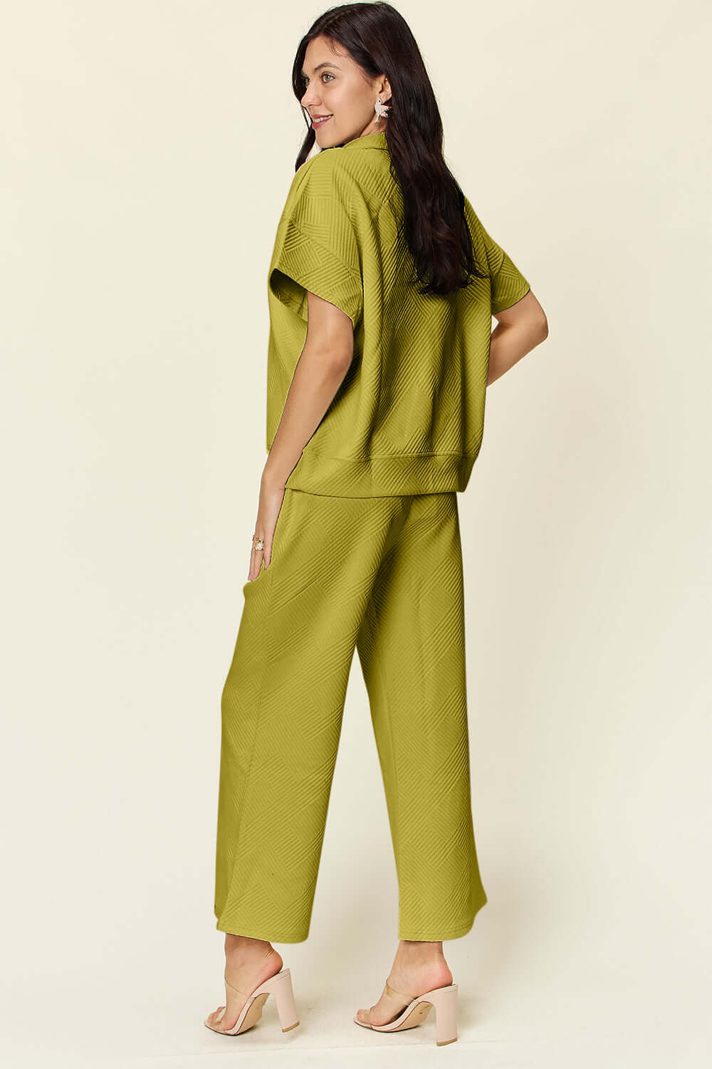 DOUBLE TAKE Full Size Texture Half Zip Short Sleeve Top and Pants Set at Bella Road