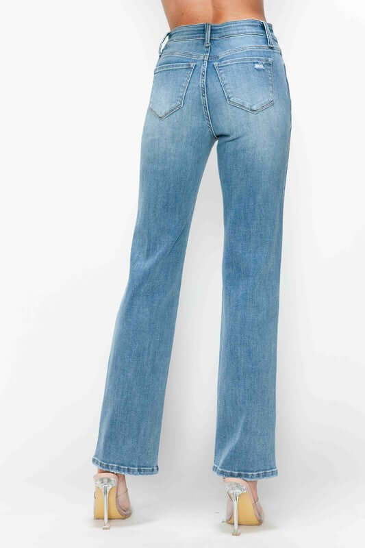 Back view of bytos Full Size Distressed High Rise Straight Jeans showcasing the flattering fit and stylish distressed details.