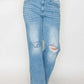 Woman showcasing bytos Full Size Distressed High Rise Straight Jeans with stylish rips and relaxed fit in light blue.