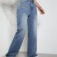 Woman wearing Bella Road High Rise Wide Leg Jeans with Pockets, slightly stretchy denim, buttoned front, casual fashion fit.