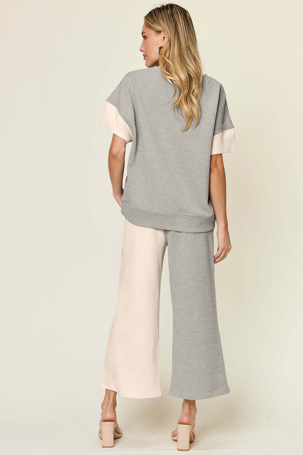 DOUBLE TAKE Full Size Texture Contrast T-Shirt and Wide Leg Pants Set at Bella Road