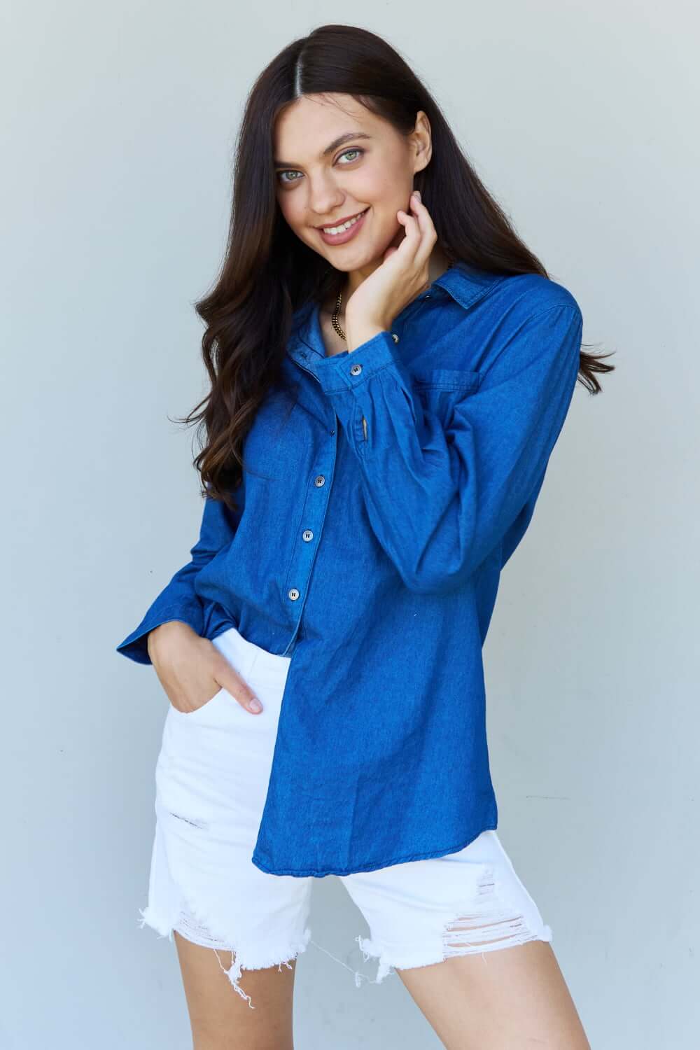 DOUBLJU Blue Jean Baby Denim Button Down Shirt Top in Dark Blue at Bella Road