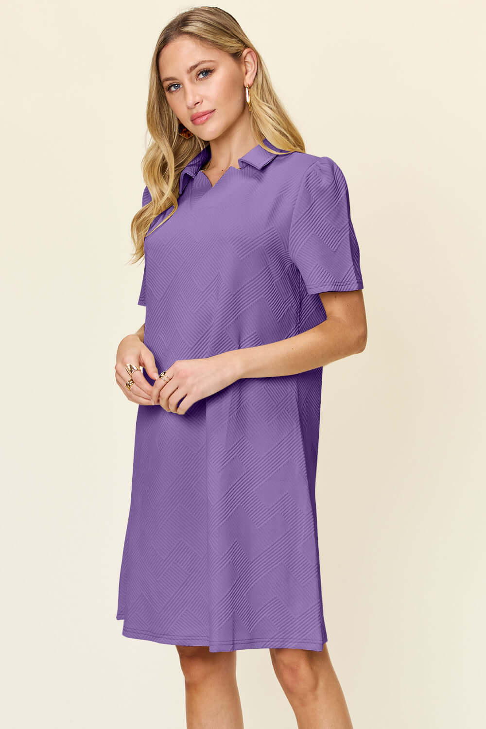 DOUBLE TAKE Full Size Texture Collared Neck Short Sleeve Dress at Bella Road