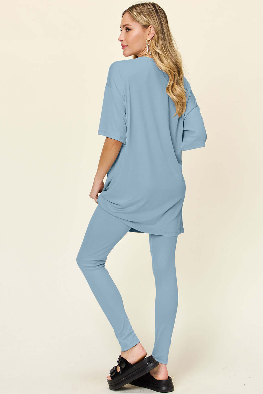 DOUBLE TAKE Full Size Round Neck Dropped Shoulder T-Shirt and Leggings Set at Bella Road