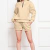 Half Zip Long Sleeve Sweatshirt and Drawstring Shorts Set - Ivory