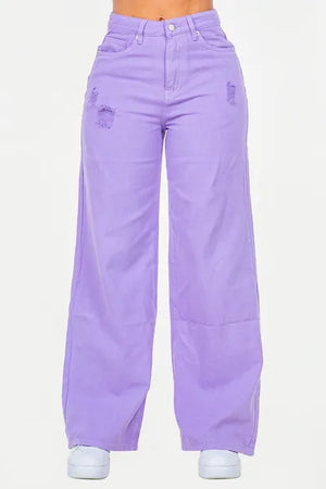 Trendy high waist distressed wide leg jeans in lavender with a relaxed fit, perfect for chic outfits.