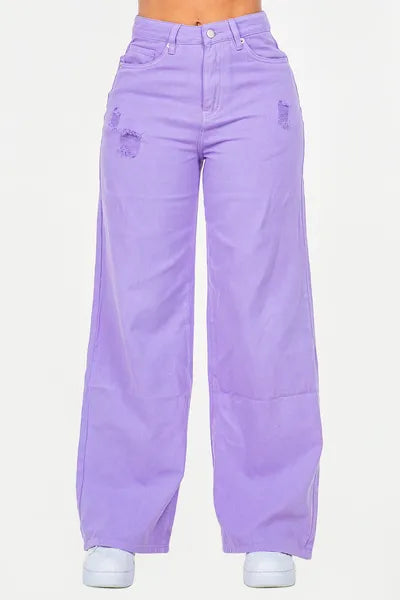 Trendy high waist distressed wide leg jeans in lavender with a relaxed fit, perfect for chic outfits.