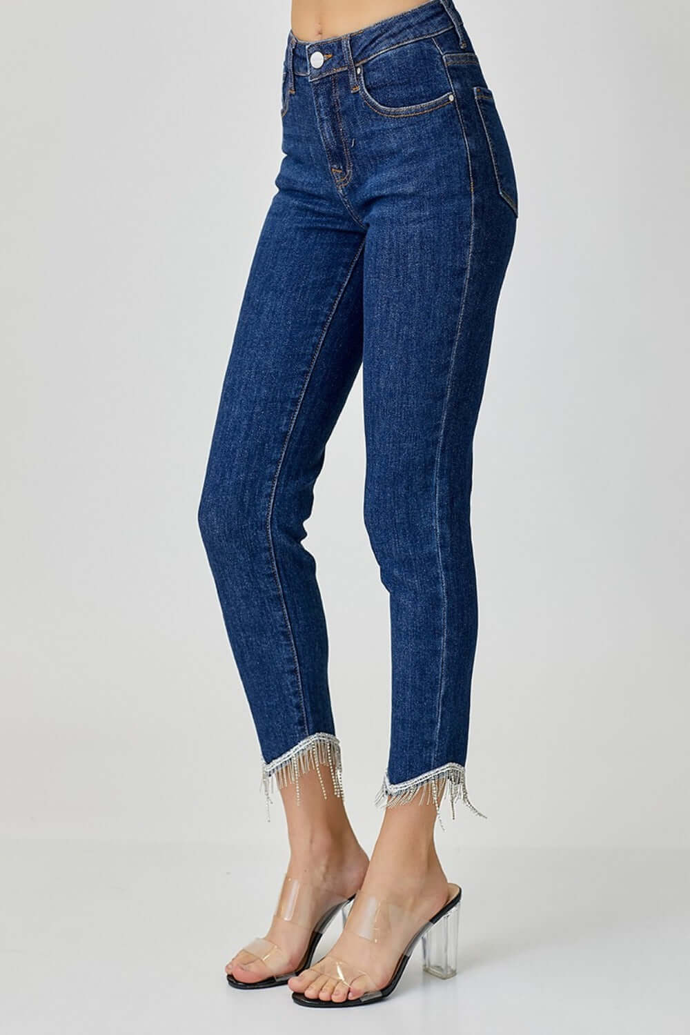 Full Size Embellished Mid Rise Crop Skinny Jeans showcasing stylish cropped length and embellishments