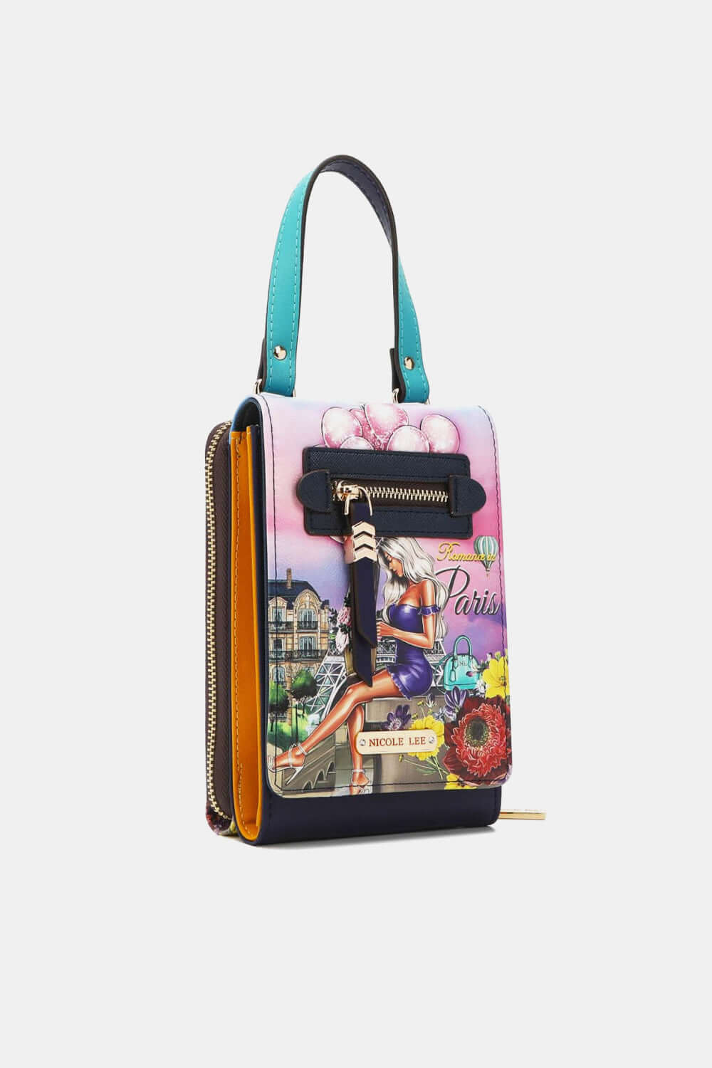 Nicole Lee USA Small Crossbody Wallet with Paris theme, removable and adjustable strap, fits phone in front, wallet in back.