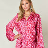 Printed Ruffle Trim Balloon Sleeve Shirt | Full Size - Strawberry