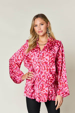 DOUBLE TAKE Full Size Printed Ruffle Trim Balloon Sleeve Shirt at Bella Road