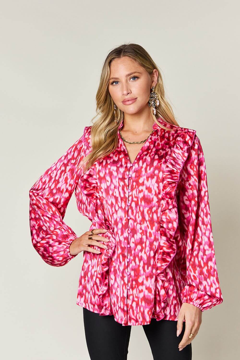 DOUBLE TAKE Full Size Printed Ruffle Trim Balloon Sleeve Shirt at Bella Road