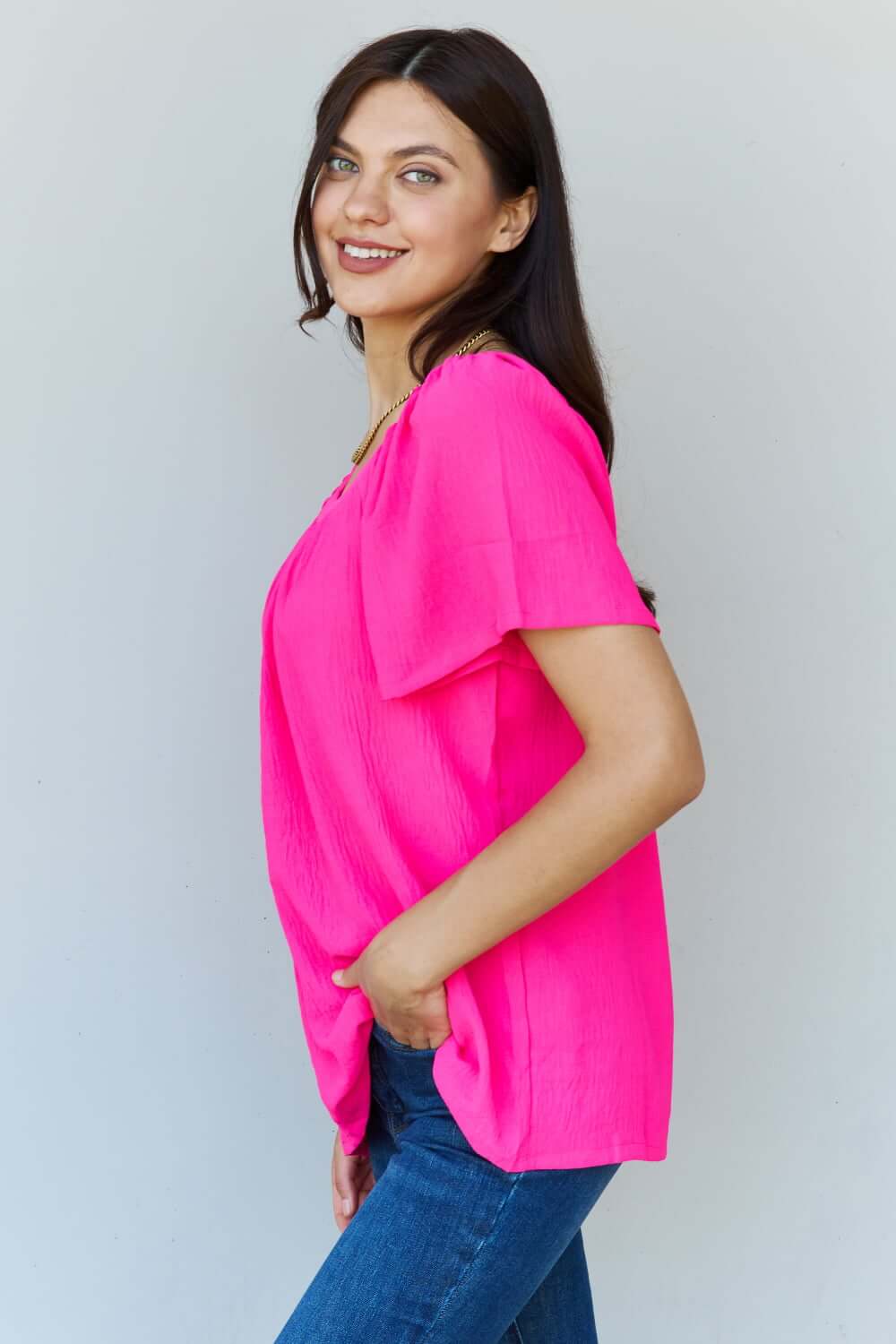 NINEXIS Keep Me Close Square Neck Short Sleeve Blouse in Fuchsia at Bella Road