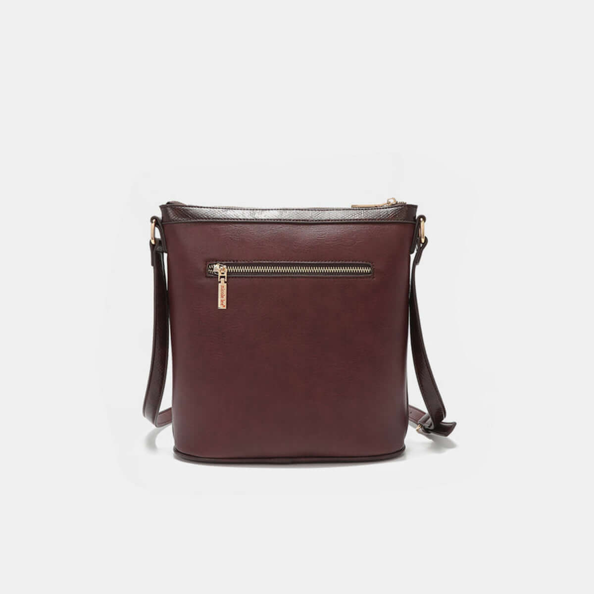 Nicole Lee USA crossbody bag with metallic stitching, rhinestone inlay, and front zip pockets in burgundy.