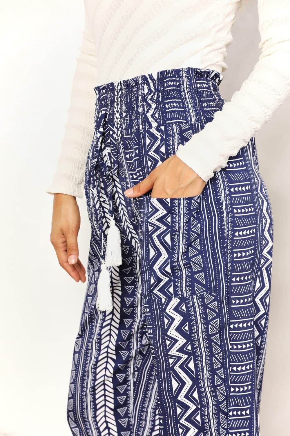 DOUBLE TAKE Geometric Print Tassel High-Rise Pants at Bella Road