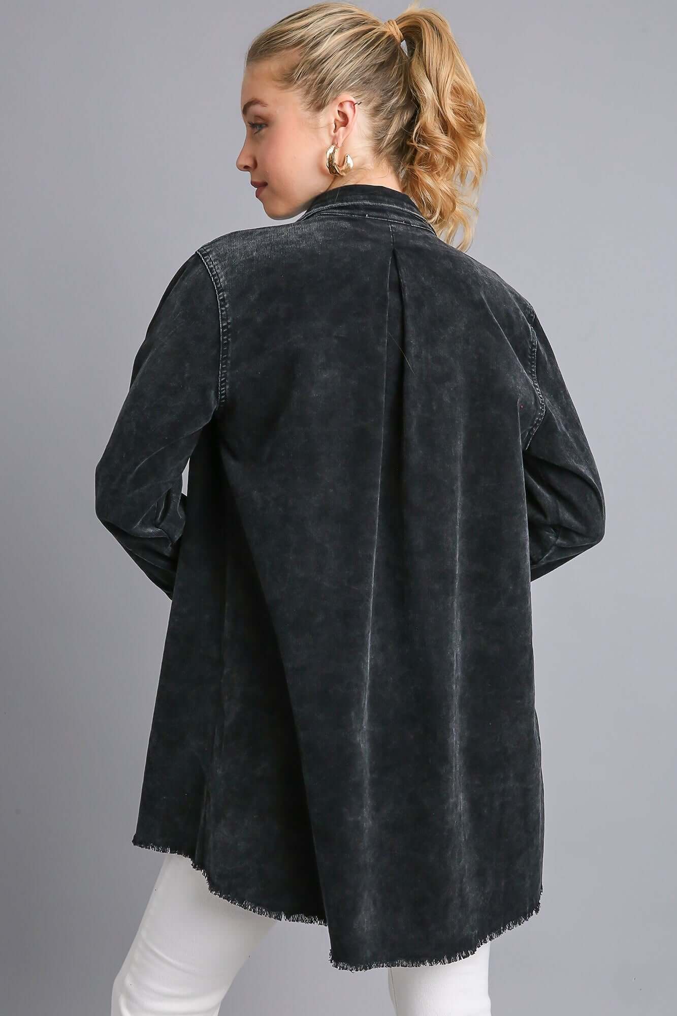 Back view of Umgee Raw Hem Button Down Denim Jacket showing edgy design and stylish cut with raw hem detailing.