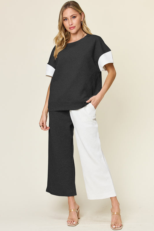 DOUBLE TAKE Full Size Texture Contrast T-Shirt and Wide Leg Pants Set at Bella Road