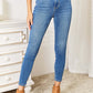 Judy Blue high waist skinny jeans in medium ash wash, flattering fit, slightly stretchy, clean look, model wearing brown suede boots