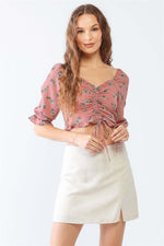 TASHA APPAREL Floral Ruffle Smocked Back Ruched Crop Top at Bella Road