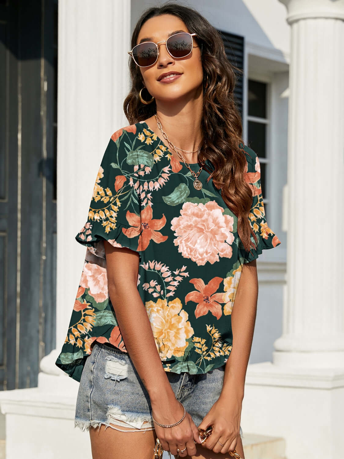 BELLA ROAD Floral Ruffled Short Sleeve Blouse at Bella Road