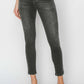 High Rise Ankle Skinny Jeans in dark wash, showcasing stylish and comfortable high-waisted design that elongates legs and enhances silhouette.