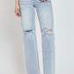 High rise distressed wide leg Risen Jeans with chic and edgy detailing for a trendy, fashion-forward look.