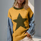 Woman wearing Double Take Full Size Star Pattern Raw Edge Long Sleeve Sweater with raw hem and unique star design