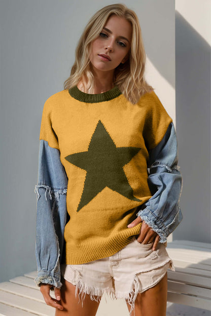 Woman wearing Double Take Full Size Star Pattern Raw Edge Long Sleeve Sweater with raw hem and unique star design