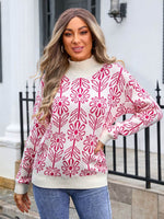 Woman wearing Angel Wings Flower Turtleneck Sweater with floral design outdoors. Perfect stylish touch for any outfit.