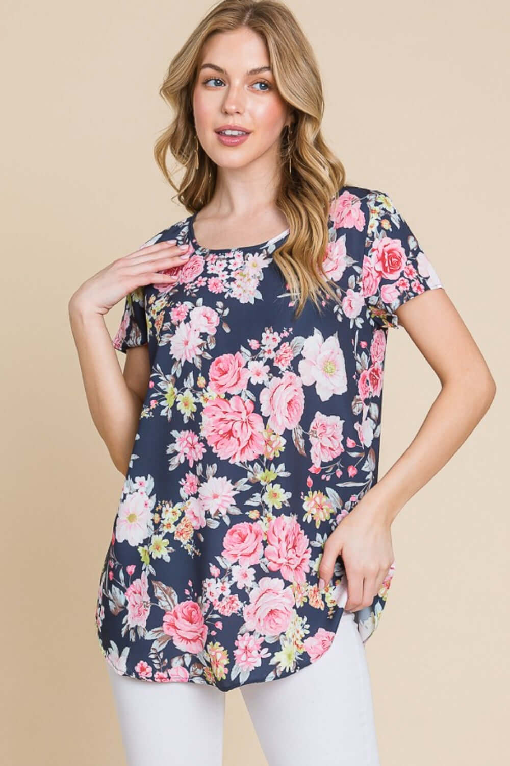 BOMBOM Floral Round Neck Short Sleeve T-Shirt at Bella Road