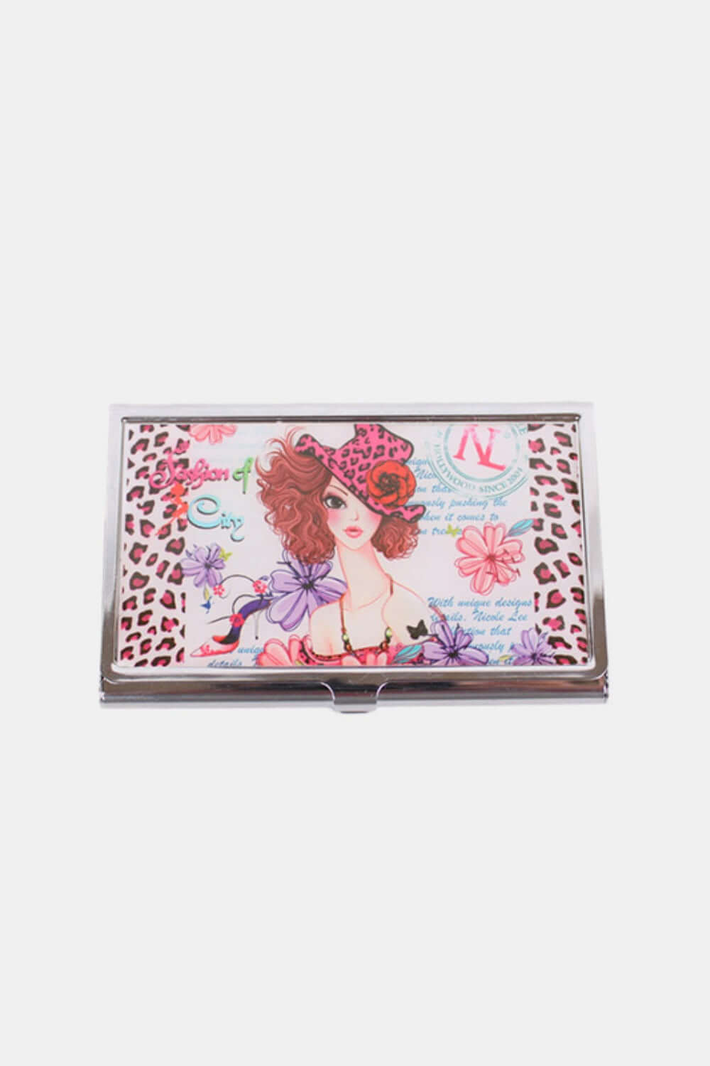 Nicole Lee USA Signature Print Metallic Business Card Case with Snap Closure and Stainless Steel Back