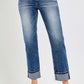 Crop straight roll up jeans in medium blue wash, featuring a high rise waist and stylish rolled hem.