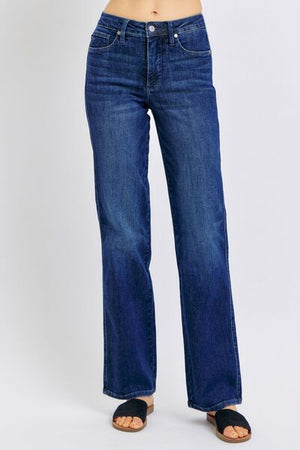 Judy Blue plus size tummy control straight jeans in dark wash, designed for a flattering fit and comfort.