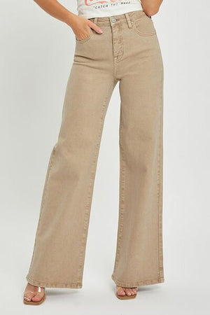 RISEN full size tummy control high rise wide leg jeans in beige, offering a stylish and comfortable fit.