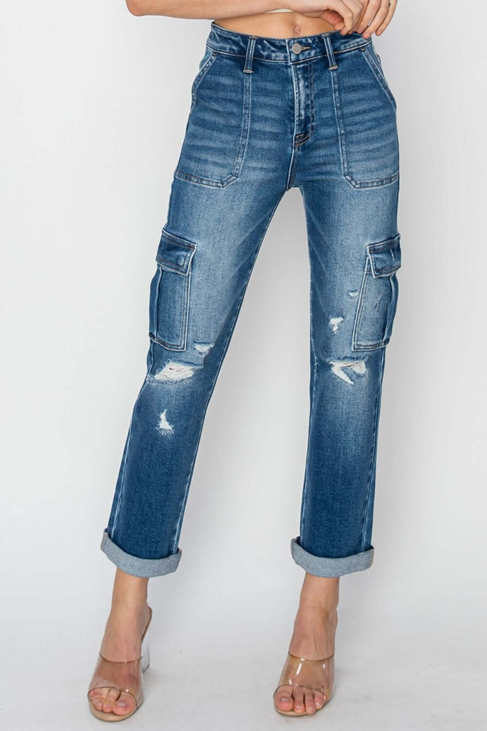 Risen high-rise cargo ankle roll-up straight jeans with stylish cargo pockets and distressed details showcasing a trendy look.