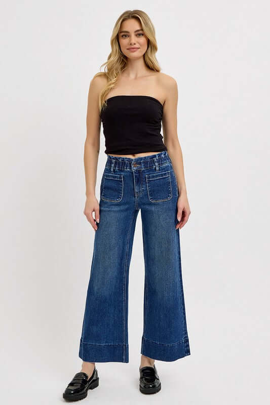 Model showcasing RISEN Elastic Band Wide Leg Jeans with a relaxed fit and comfortable style.