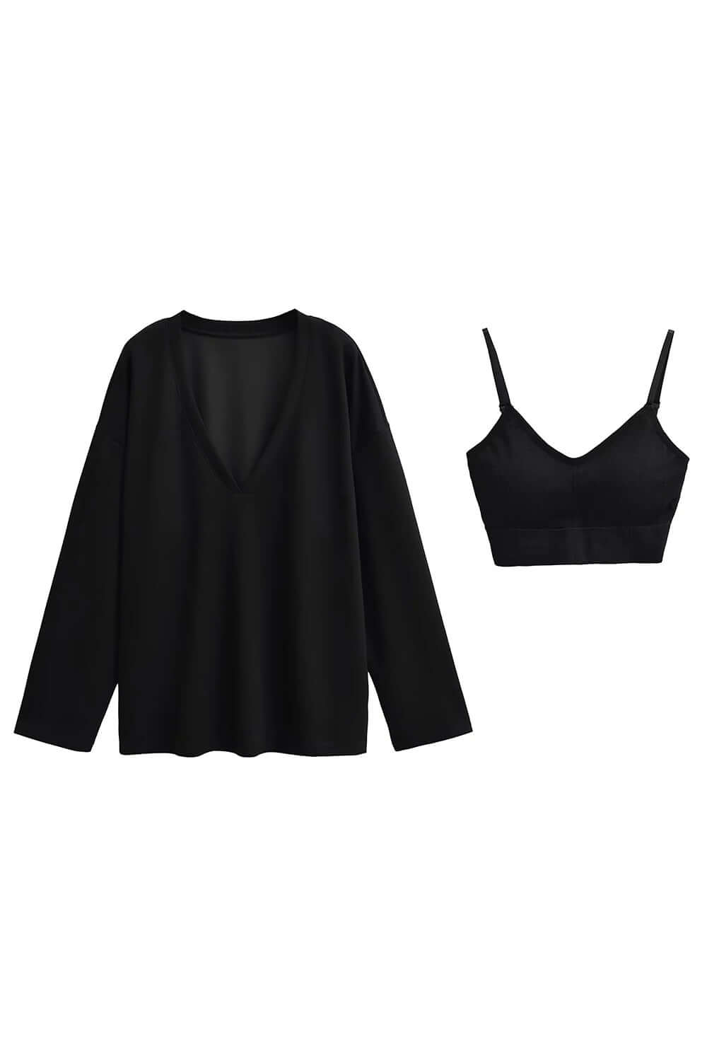 Basic Bae V-Neck Dropped Shoulder Long Sleeve Sweatshirt with Built-In Bra in black, perfect for casual wear.