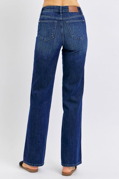 Back view of Judy Blue Plus Size Tummy Control Straight Jeans, featuring a flattering dark wash and sleek design.