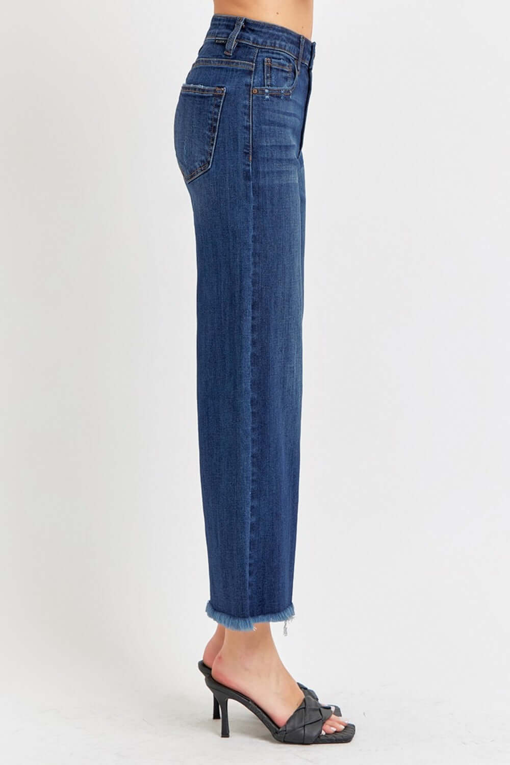 High Rise Raw Hem Cropped Wide Leg Risen Jeans for a stylish and modern look.