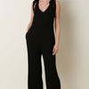 Rib Knit V-Neck Cross Back Jumpsuit - Black