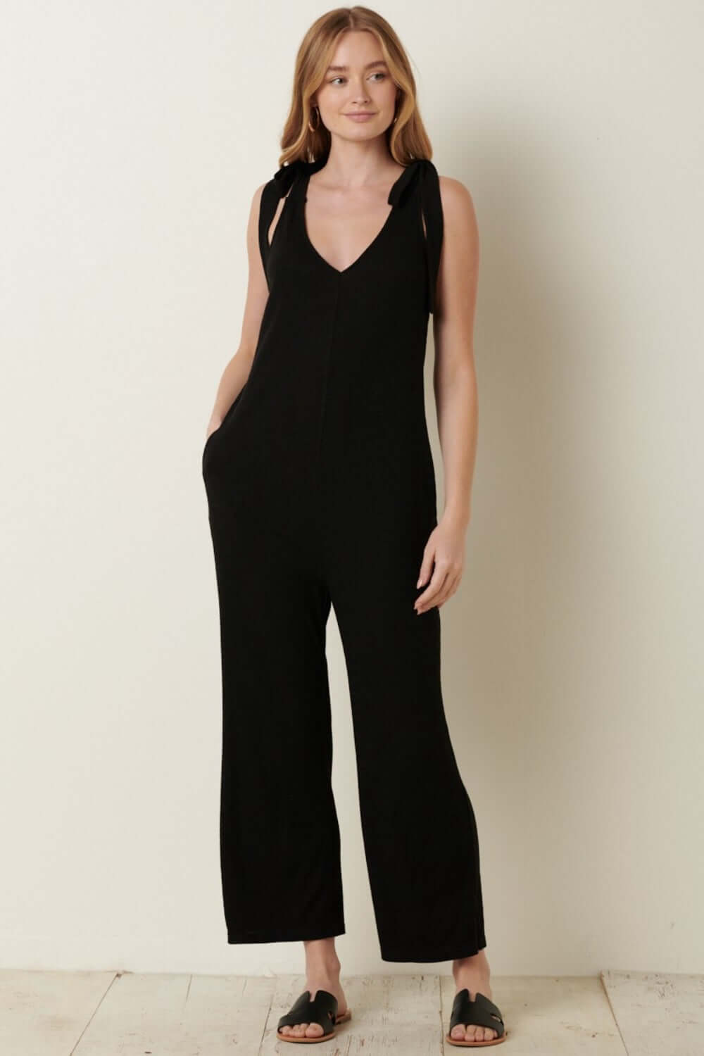 MITTOSHOP Rib Knit V-Neck Cross Back Jumpsuit at Bella Road