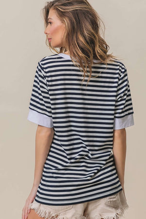 Contrast Striped Notched Knit Top