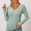 Ribbed V-Neck Long Sleeve T-Shirt - Light Green