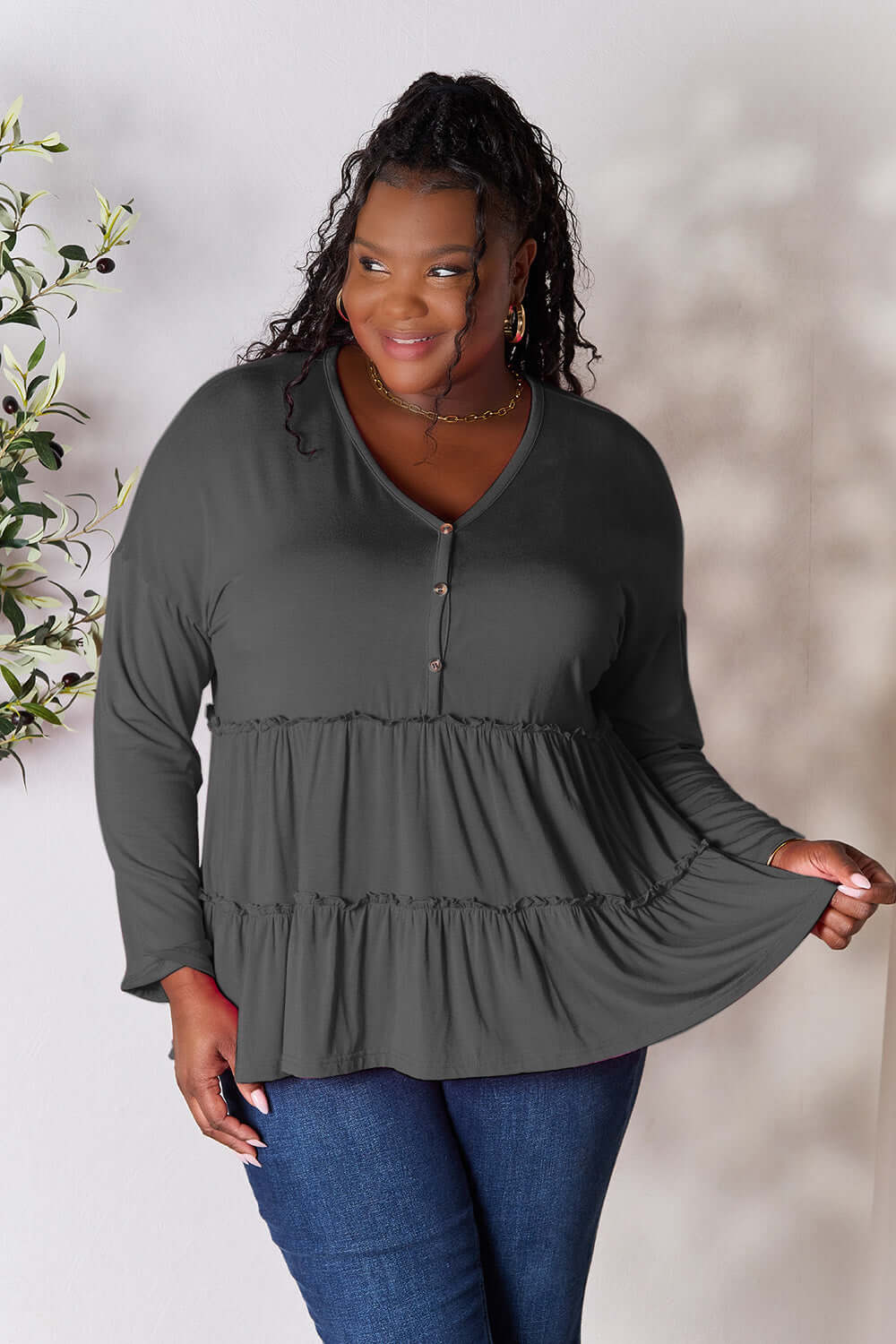 DOUBLE TAKE Half Button Long Sleeve Ruffle Hem Blouse at Bella Road