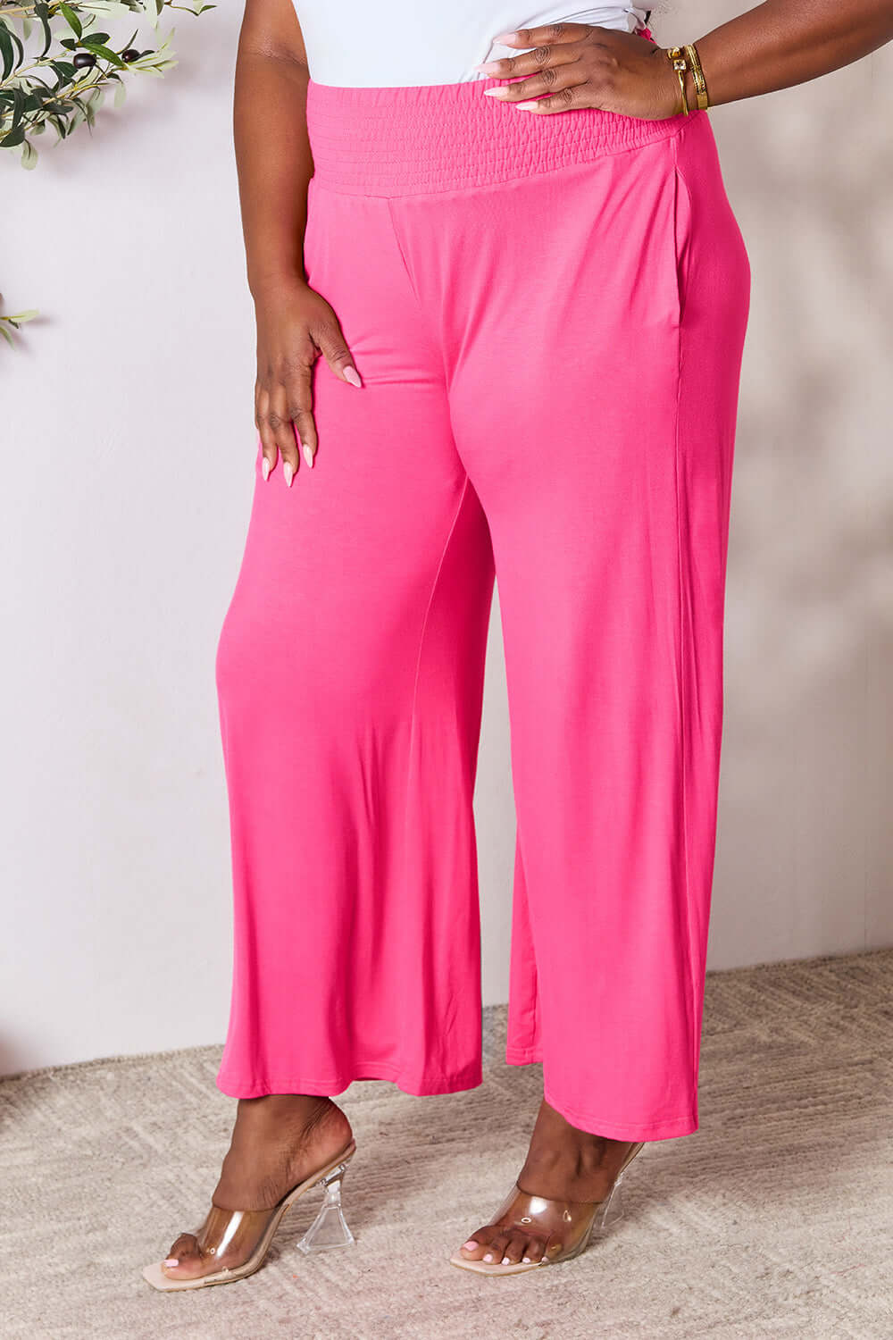 DOUBLE TAKE Full Size Smocked Wide Waistband Wide Leg Pants at Bella Road