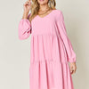 V-Neck Balloon Sleeve Tiered Dress | Full Size - Carnation Pink