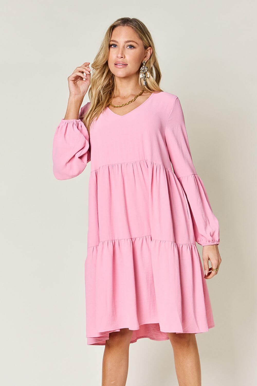 DOUBLE TAKE Full Size V-Neck Balloon Sleeve Tiered Dress at Bella Road