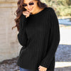 Ribbed Round Neck Long Sleeve Knit Top - Black